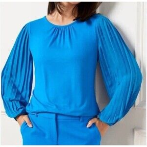 Talbots XL Women’s Blue Top Balloon Pleated Sleeve Scoop Neck‎ Dressy Blouse